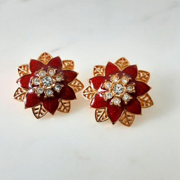 VTG AVON RED ENAMEL FESTIVE SPARKLE POST EARRINGS - Picture 2 of 4
